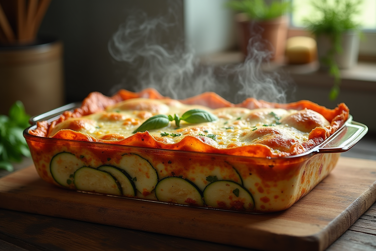 Lasagne courgette entière dans un plat en bois