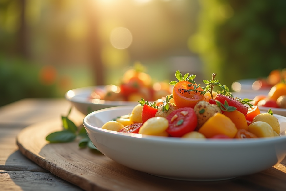 Légumes grillés et salade de pommes de terre en bols blancs