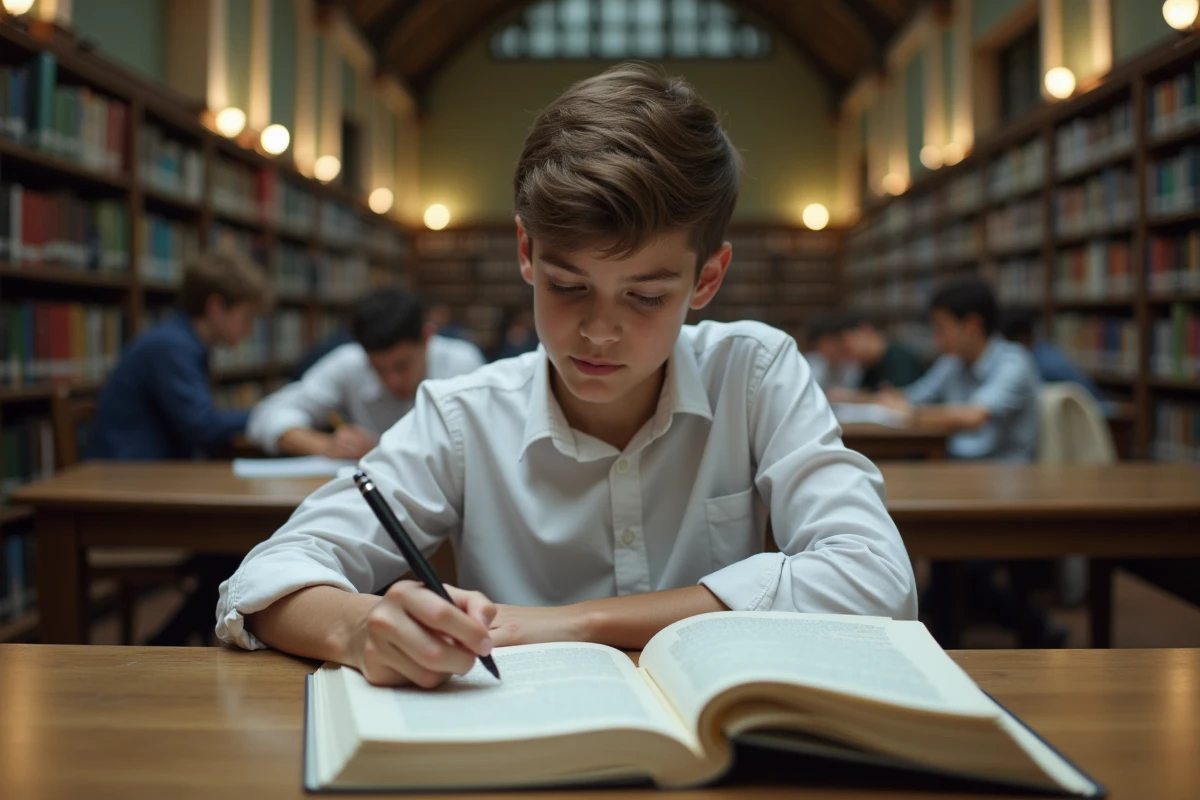 Lycéen prenant des notes sur le concept paradigmatique dans une bibliothèque scolaire pour le bac de français