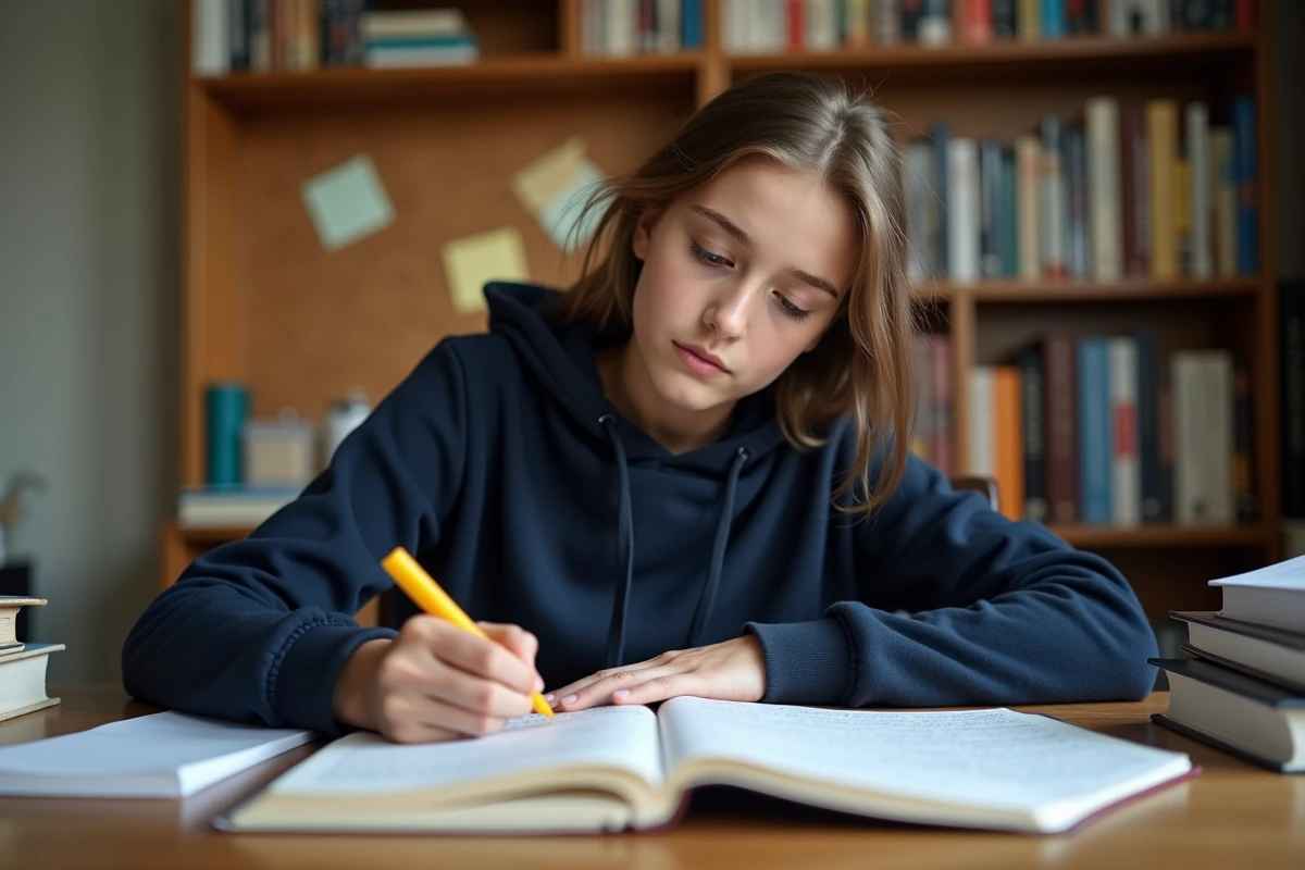 Lycéenne révisant la définition du terme paradigmatique sur ses fiches de bac de français