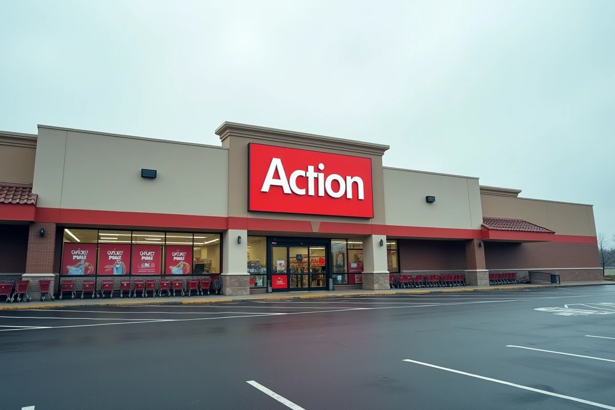 Façade extérieure d'un magasin Action fermé un dimanche matin avec parking vide