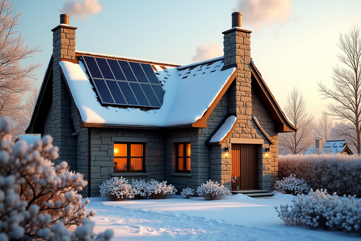 Maison de campagne enneigée avec panneaux solaires et cheminée