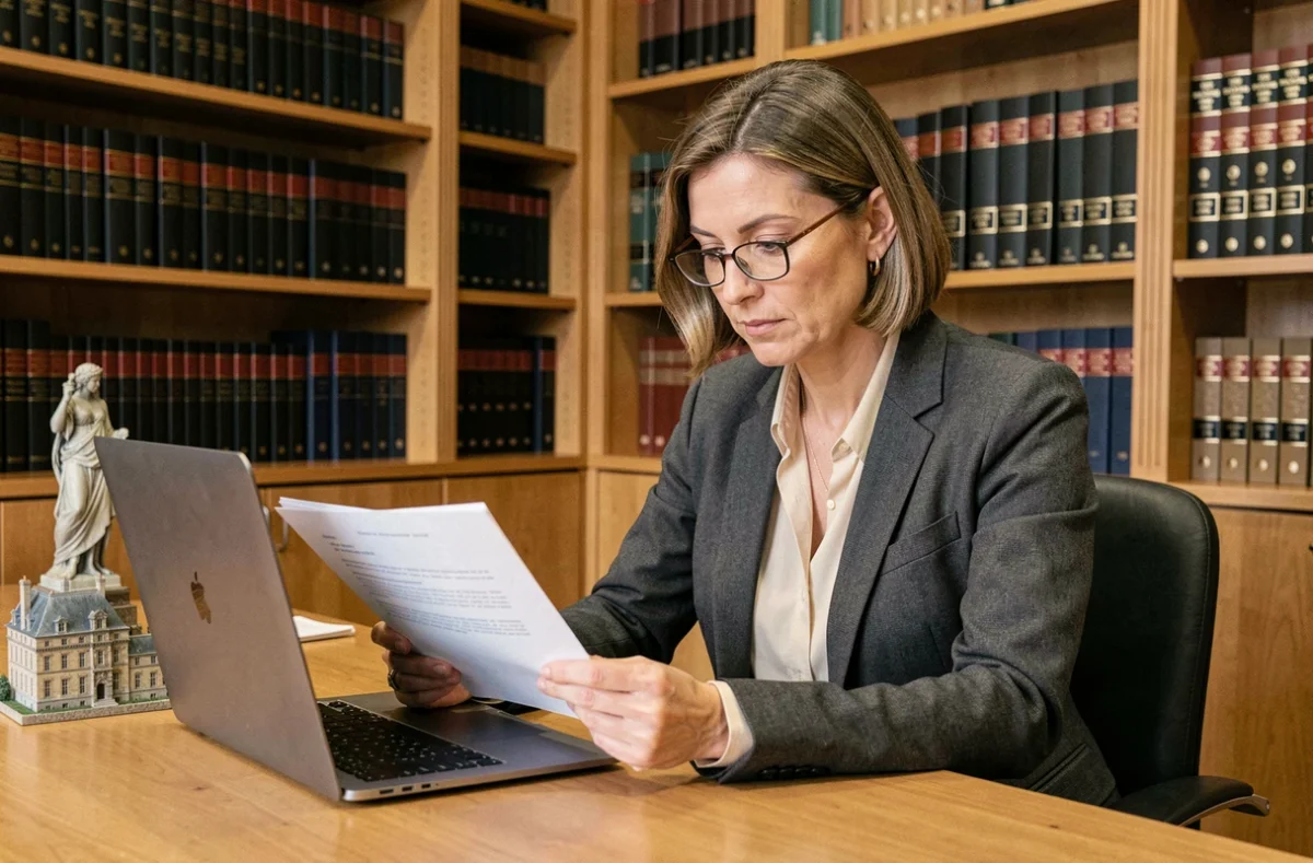 Maître Céline Guérin, avocate spécialisée en droit des affaires, analysant un contrat dans son bureau