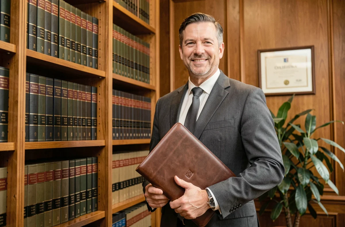 Maître Jean Christophe Silva, avocat au barreau d'Orléans, devant une bibliothèque juridique