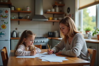 Femme aidant sa fille avec ses devoirs à la maison