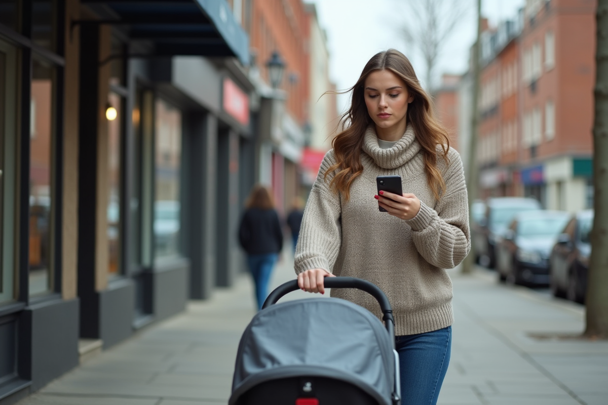 Jeune mère marchant avec sa poussette dans la ville