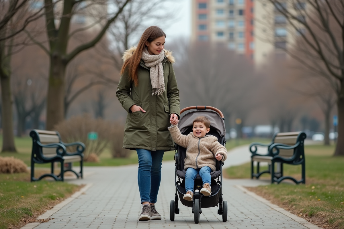 Maman promenant son enfant dans un parc urbain