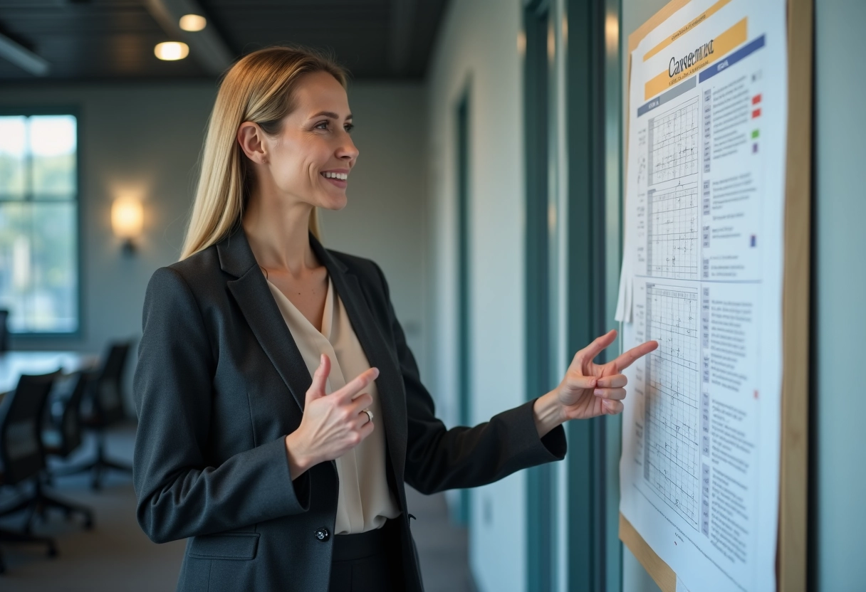 Femme RH explique la progression de carrière avec un graphique