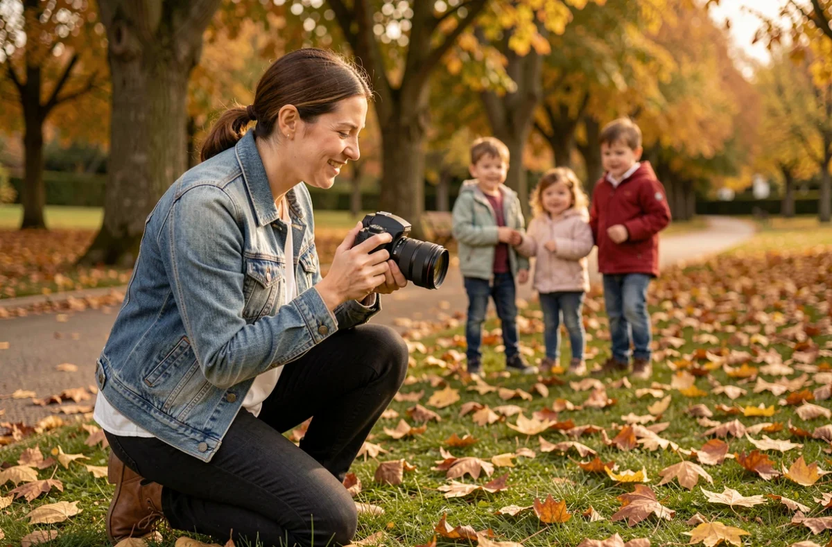 Photographe féminine agenouillée dans un parc en automne, interagissant avec une famille lors d'une séance photo en plein air, illustrant le style chaleureux de Mathis Audrey