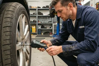 Mécanicien vérifiant la pression d'un pneu avec un manomètre numérique dans un garage automobile