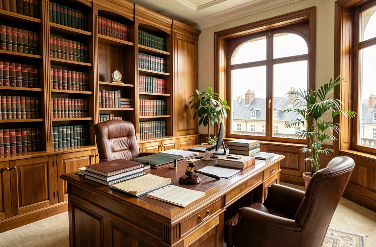 Vue d'ensemble d'un cabinet d'avocats à Orléans avec bibliothèque juridique et bureau en bois massif