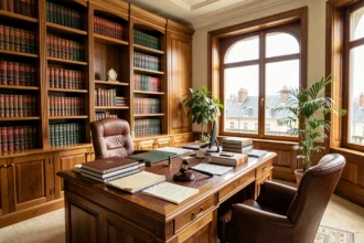 Vue d'ensemble d'un cabinet d'avocats à Orléans avec bibliothèque juridique et bureau en bois massif