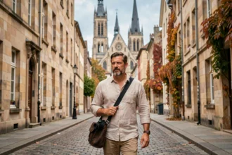 Photographe professionnel marchant dans les rues historiques de Metz avec la cathédrale Saint-Étienne en arrière-plan, illustrant le top 10 des meilleurs photographes en Moselle