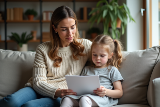 Mère corrige doucement sa fille dans un salon moderne