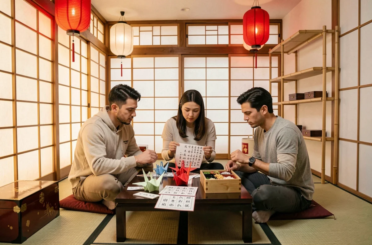 Trois joueurs résolvant des énigmes japonaises dans la salle Mission Tokyo d'un escape game en Charente