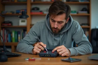 Homme modifiant une console portable retrogaming sur un bureau en bois avec des outils de précision