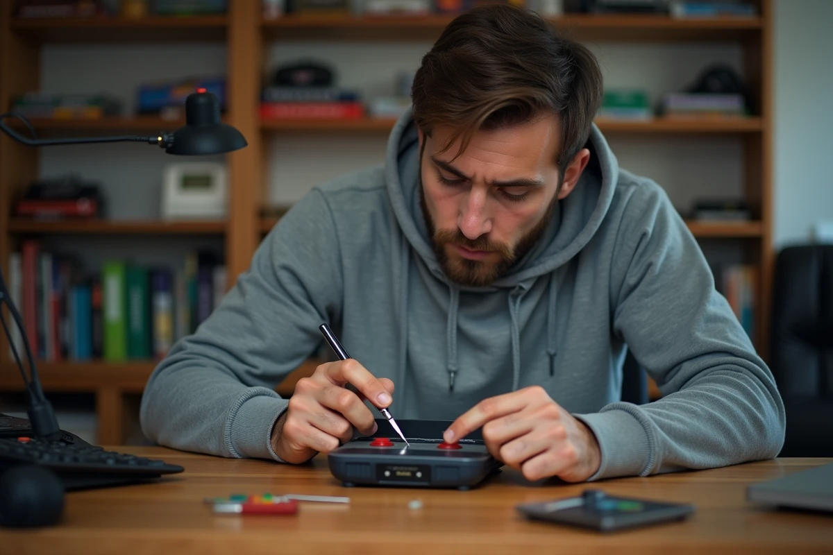 Homme modifiant une console portable retrogaming sur un bureau en bois avec des outils de précision