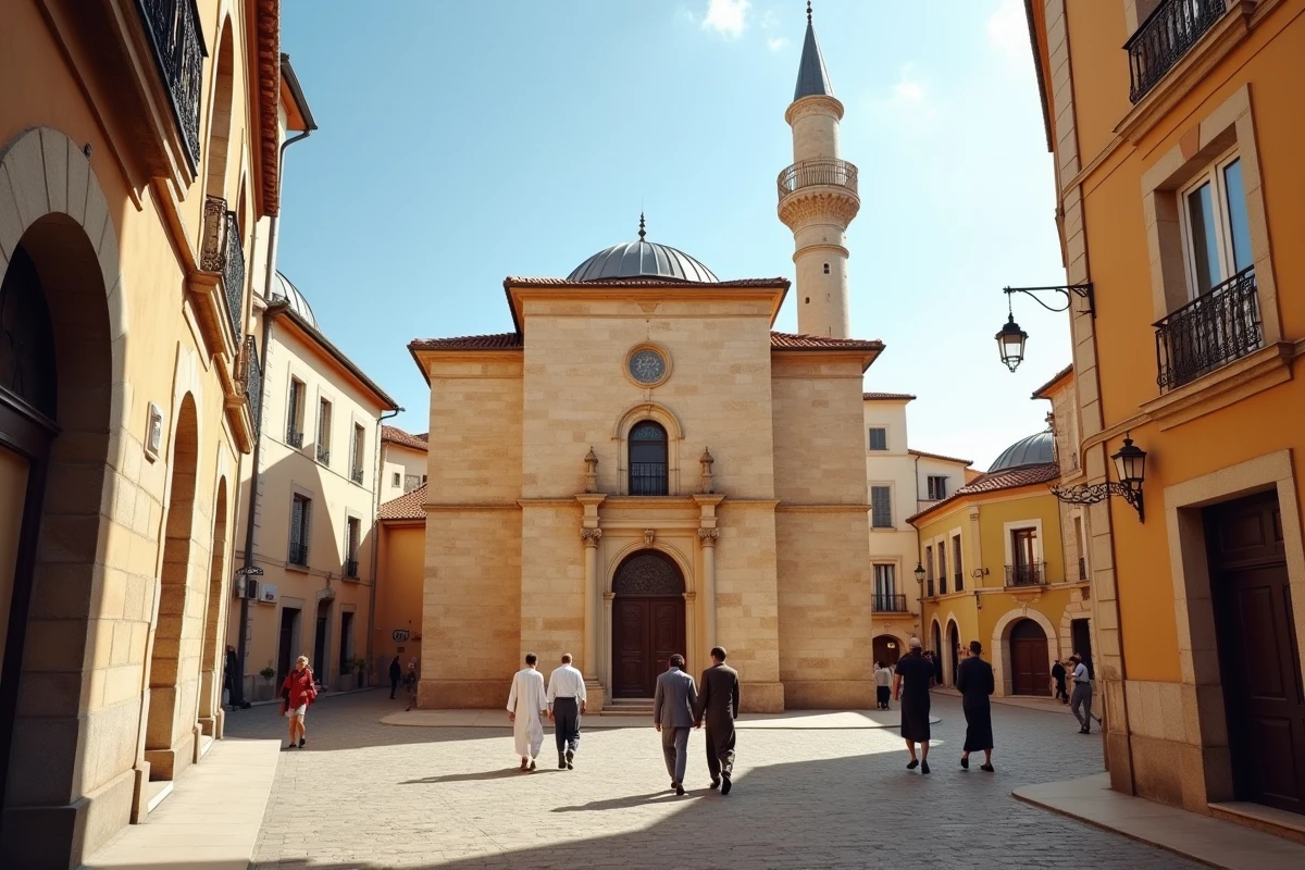 Façade d'une mosquée du centre-ville de Toulouse avec des fidèles se dirigeant vers l'entrée pour la prière