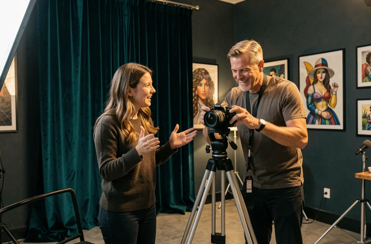 Duo de photographes créatifs collaborant dans un studio artistique aux murs sombres et décor expressif, représentant l'identité créative du Munchausen Studio en Moselle