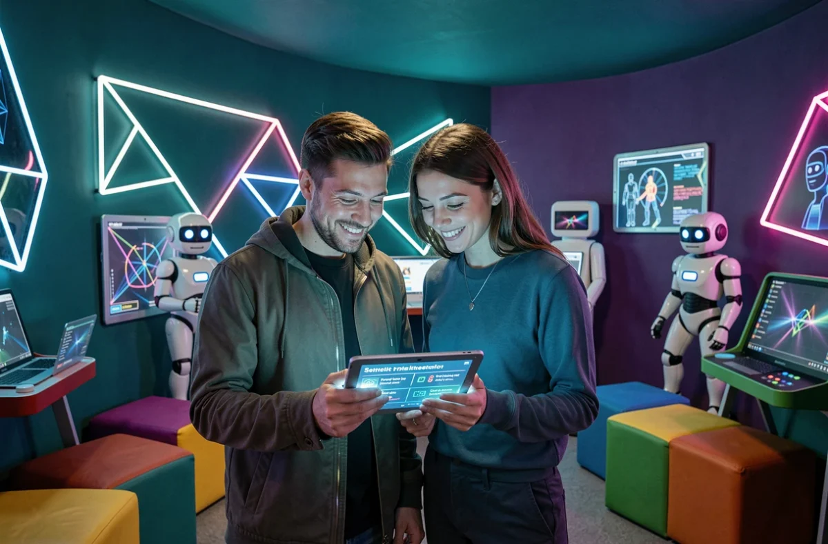 Un couple explorant la salle futuriste Otopia dans un escape game en Charente