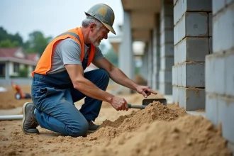 Ouvrier en tenue de chantier manipulant du sable brut