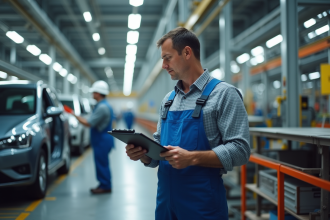 Ouvrier d'usine automobile inspectant une pièce de voiture