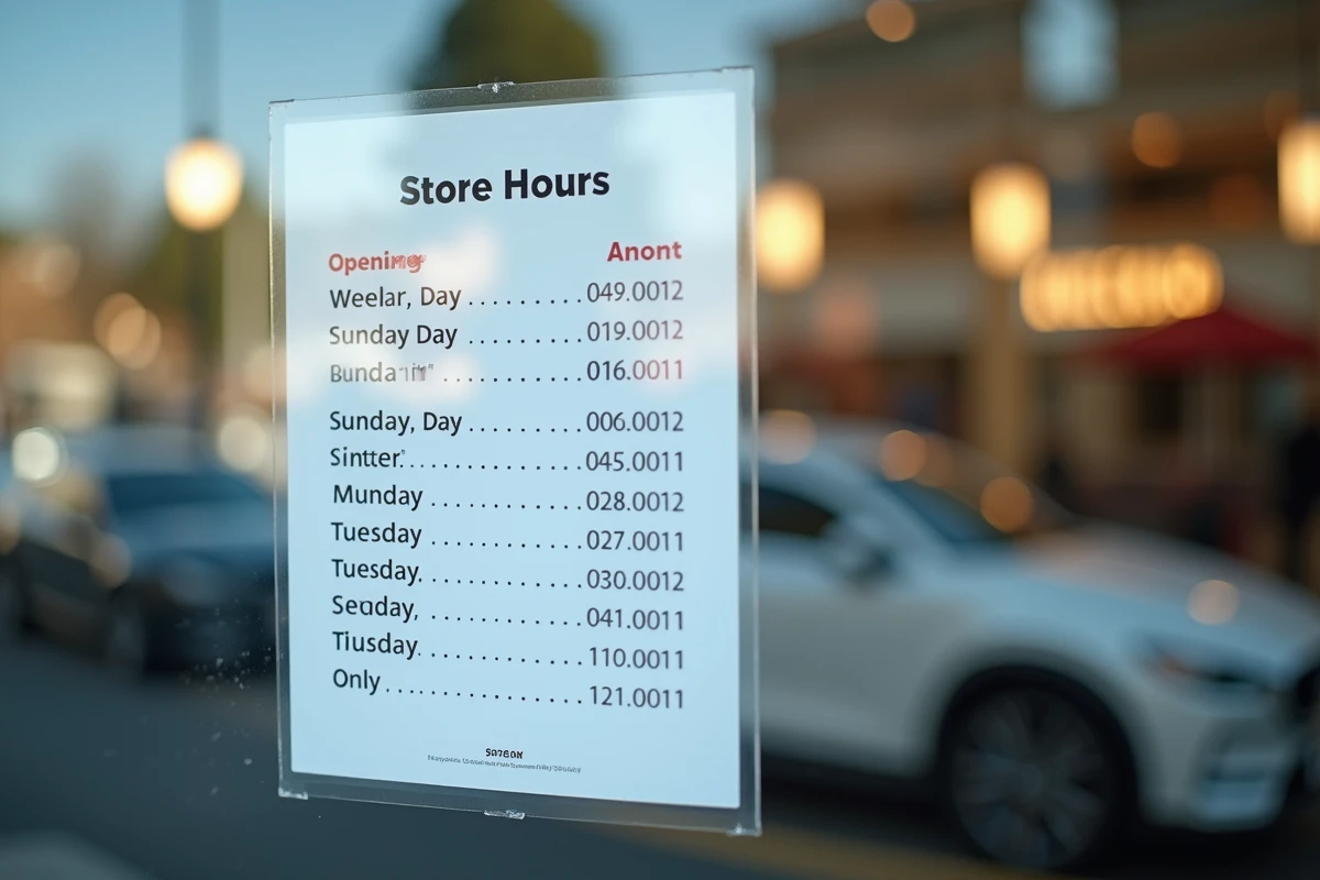Panneau d'horaires d'ouverture d'un magasin affiché sur une porte vitrée incluant les jours fériés et dimanches