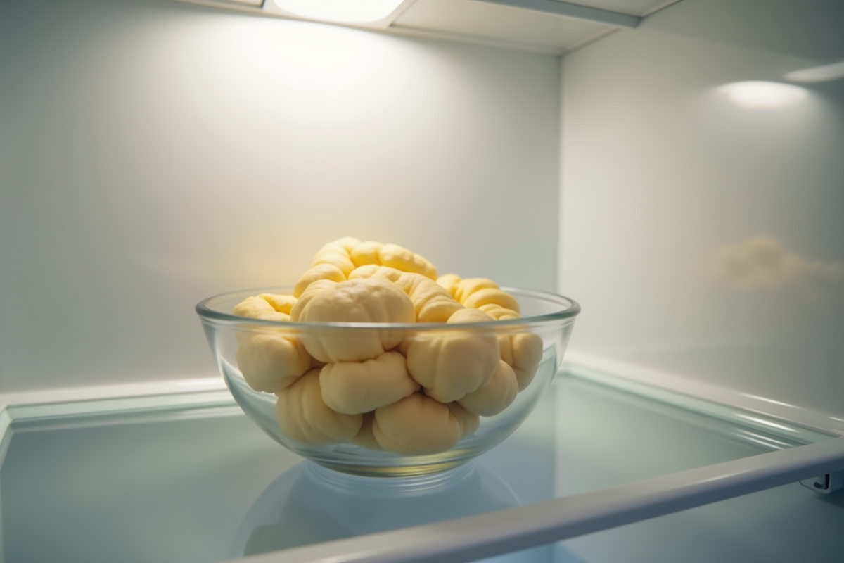Pate a choux fraiche dans un bol dans un frigo lumineux