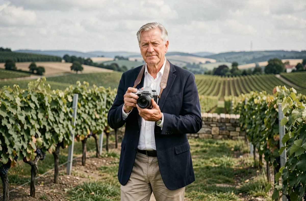 Photographe expérimenté posant dans un vignoble de la région mosellane avec son appareil photo, illustrant le style naturel et ancré de Pate Georges