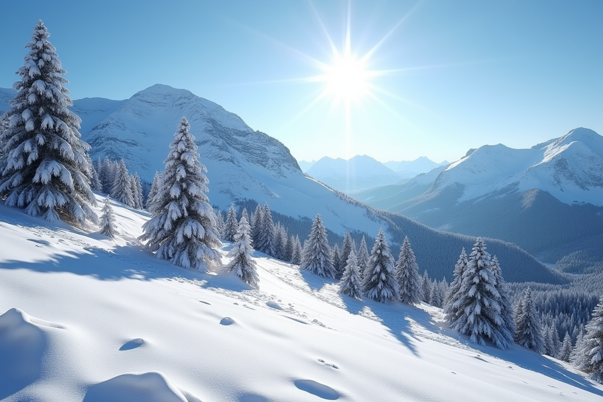 Paysage de montagne enneigee au Bessat avec sapins et ciel bleu