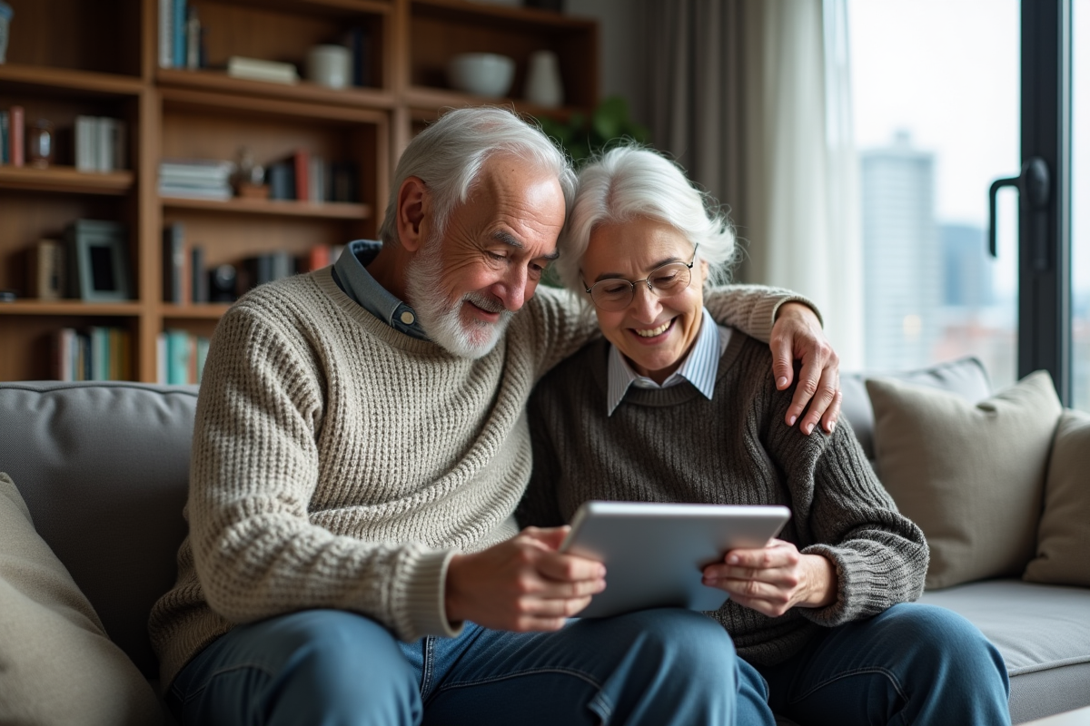 Père et fille discutent avec une tablette dans un salon moderne