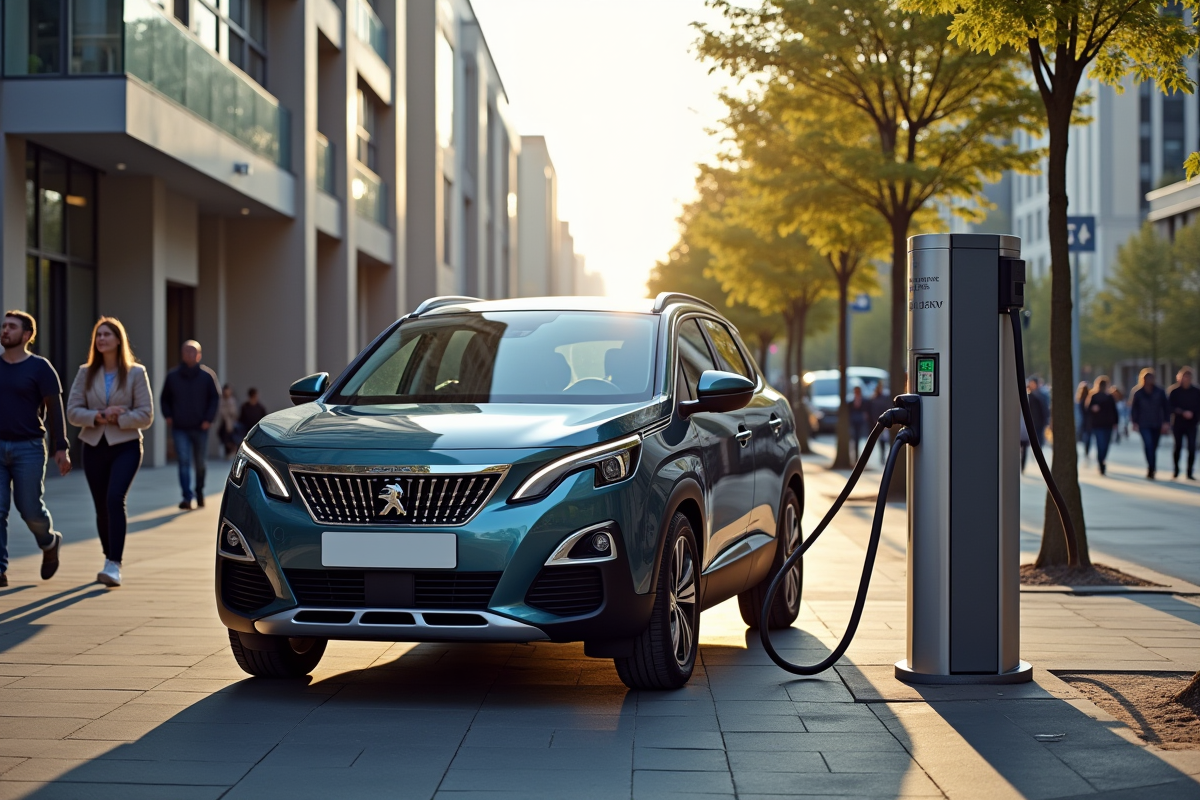 Peugeot 3008 hybride en charge dans une station électrique urbaine