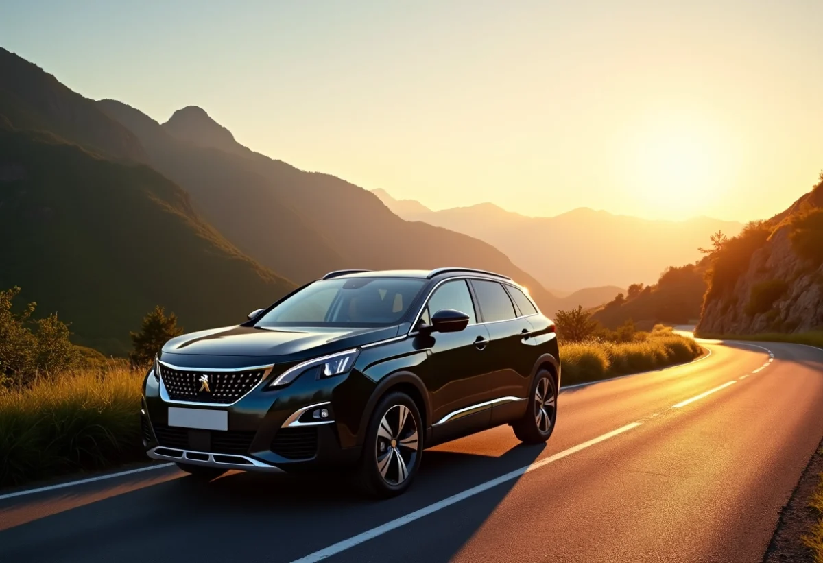 Peugeot 3008 hybride sur une route de montagne au lever du soleil