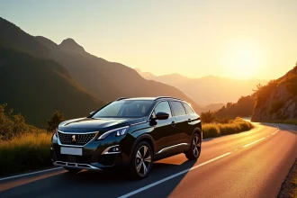 Peugeot 3008 hybride sur une route de montagne au lever du soleil