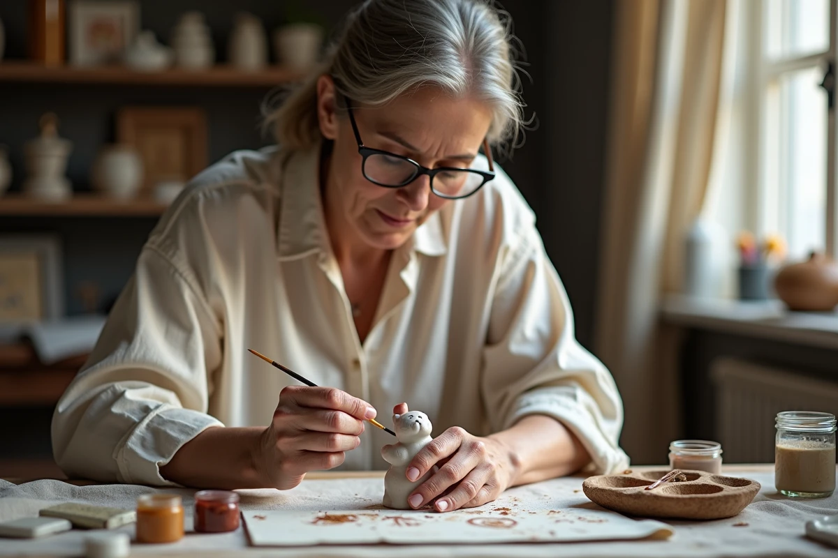 Artiste féminine peignant une figurine en céramique avec un pinceau fin dans un studio maison chaleureux