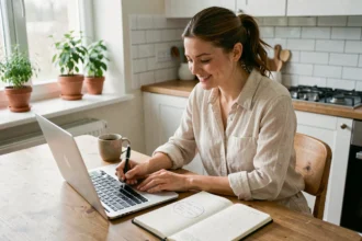 Femme planifiant ses vacances de Pentecôte 2026 avec un calendrier et un ordinateur portable sur une table en bois