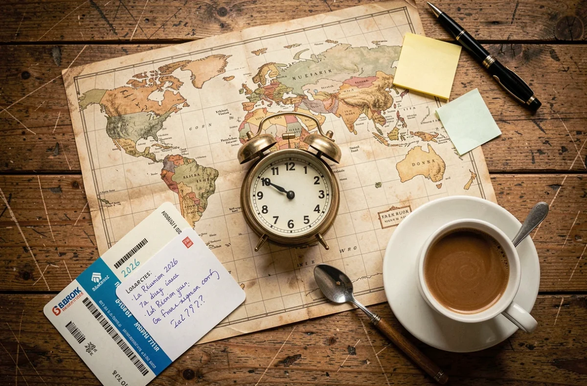 Flat lay de voyage avec carte du monde, horloge et itinéraire pour La Réunion en 2026
