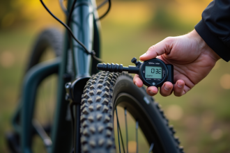 Vérification de la pression du pneu de VTT au matin