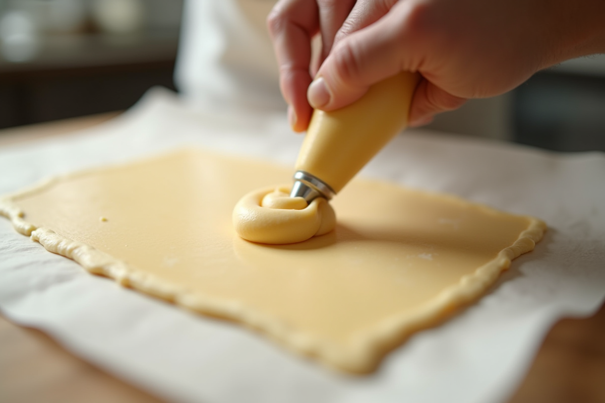 Main d’un boulanger pipeant la pate a choux sur papier cuisson
