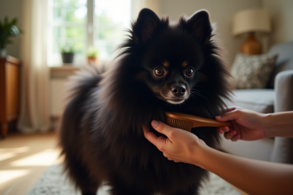 Chien pomeranian noir being brosse dans un salon lumineux