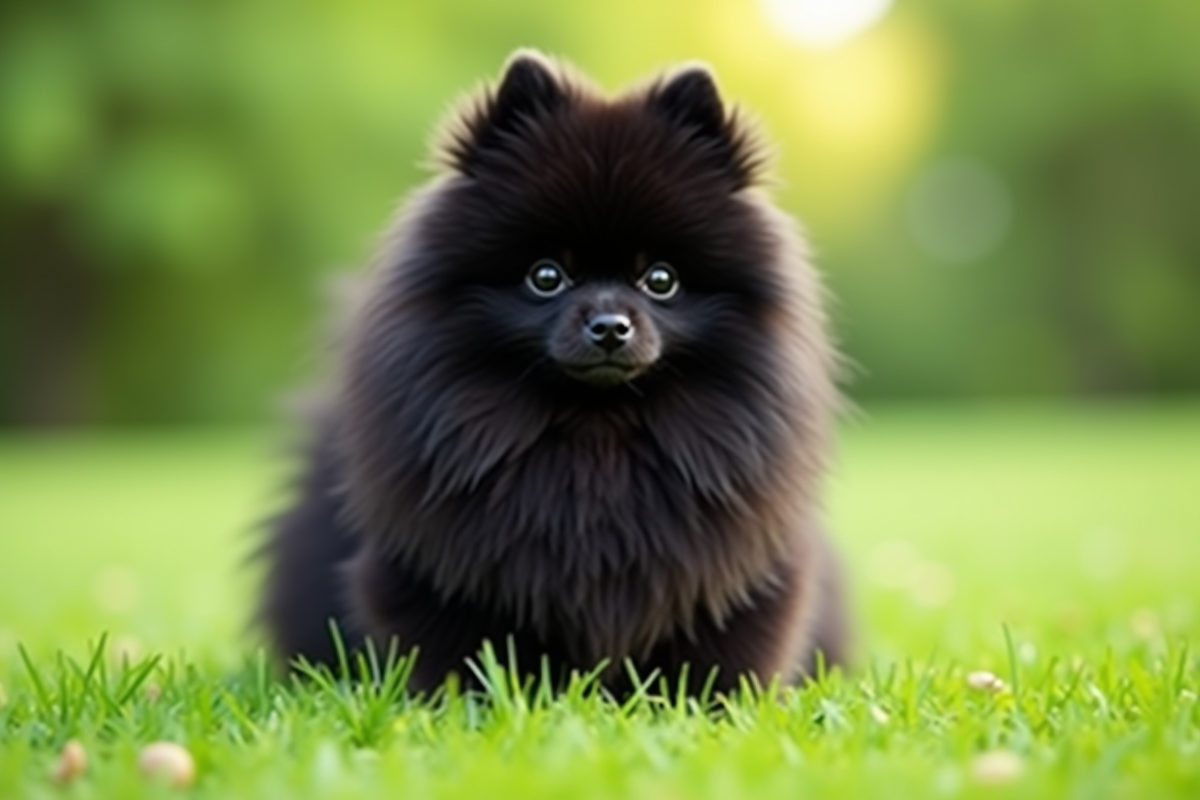 Pomeranian noir assis sur lherbe verte en extérieur