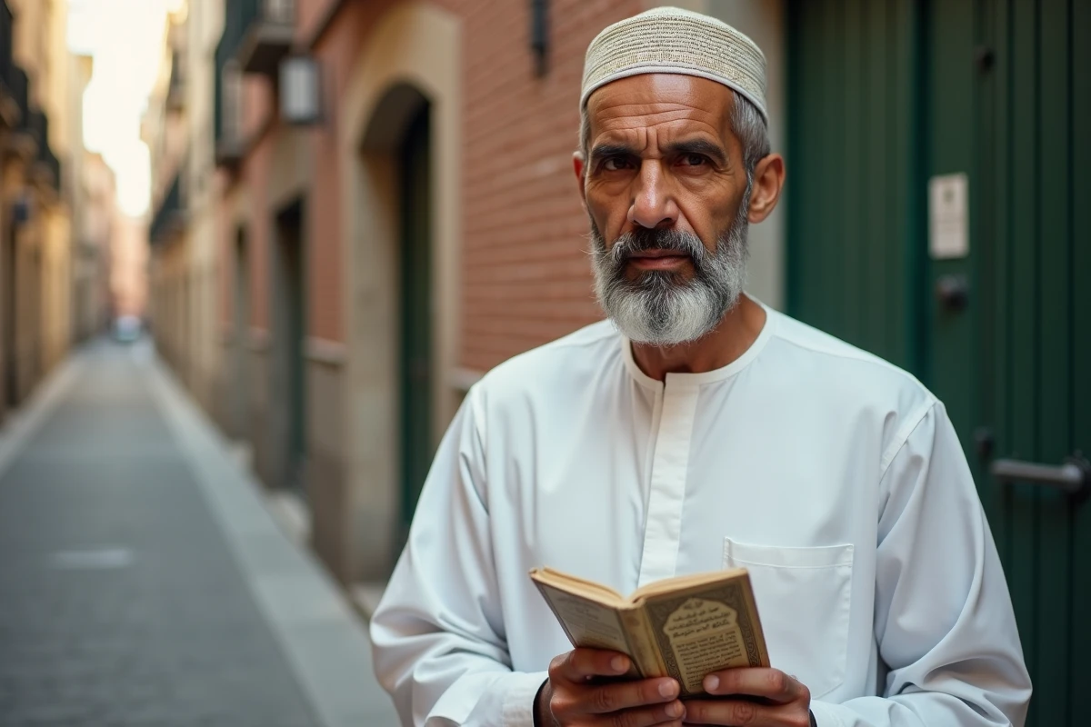 Portrait d'un fidèle tenant un horaire de prière devant une mosquée de Toulouse