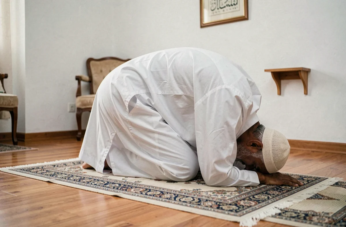 Homme en djellaba blanche effectuant la prière islamique sur un tapis de prière à Nantes