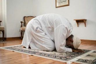 Homme en djellaba blanche effectuant la prière islamique sur un tapis de prière à Nantes