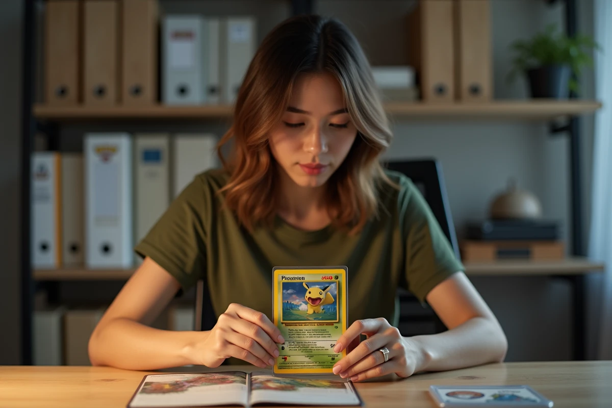 Collectionneuse protégeant une carte Pokémon dans un top-loader rigide pour préserver sa valeur de gradage
