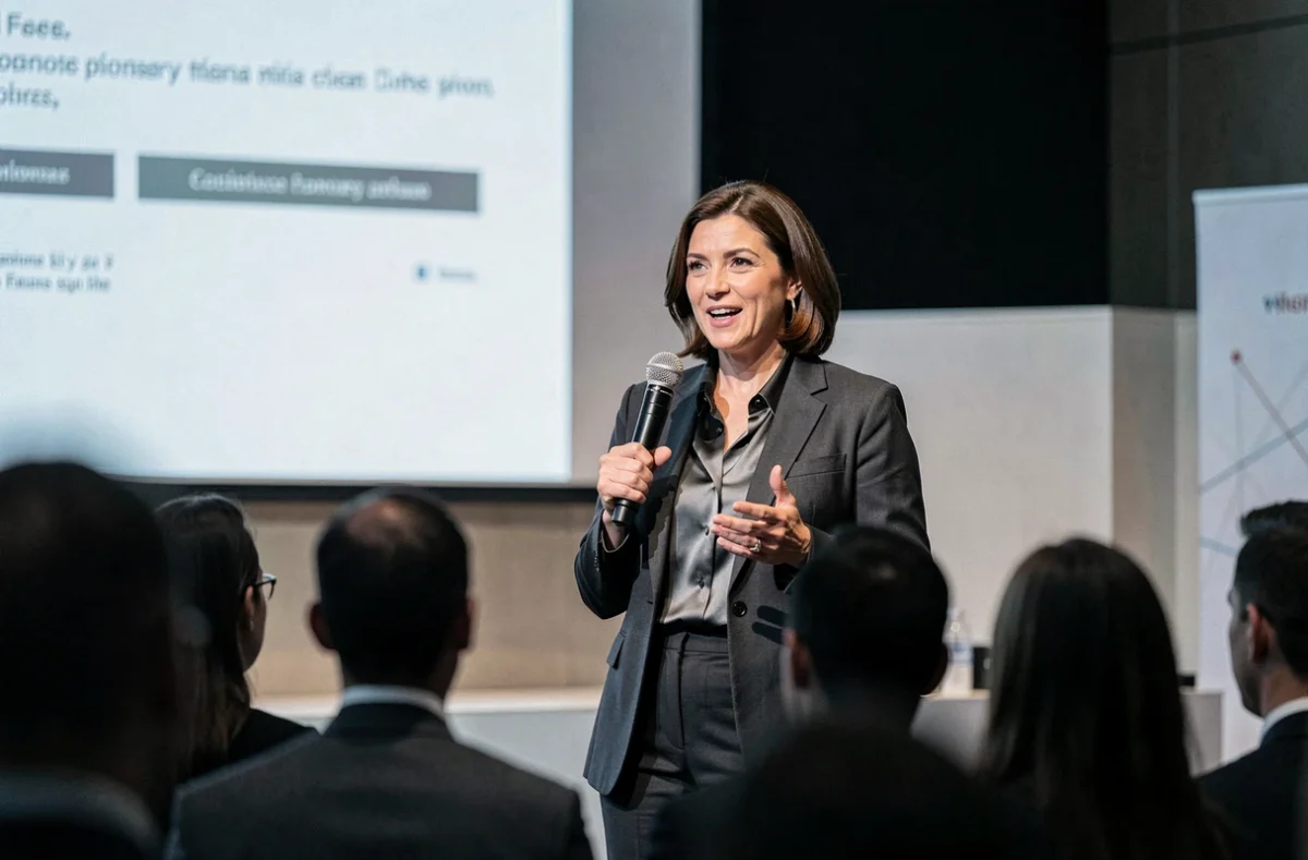 Rachel Garrat-Valcarcel prenant la parole lors d'une conférence professionnelle, symbole d'influence et d'inspiration pour une génération entière