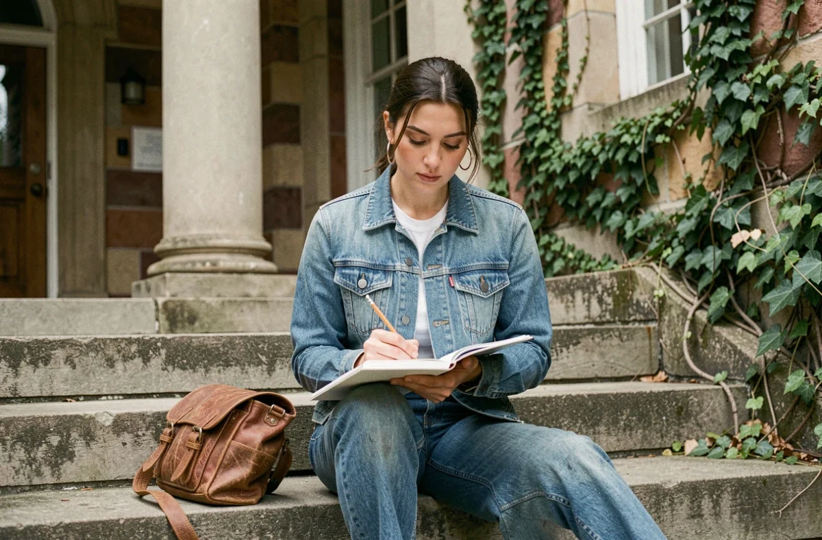 Jeune femme inspirée assise sur les marches d'une université dans les années 2000, représentant les débuts prometteurs d'un parcours générationnel