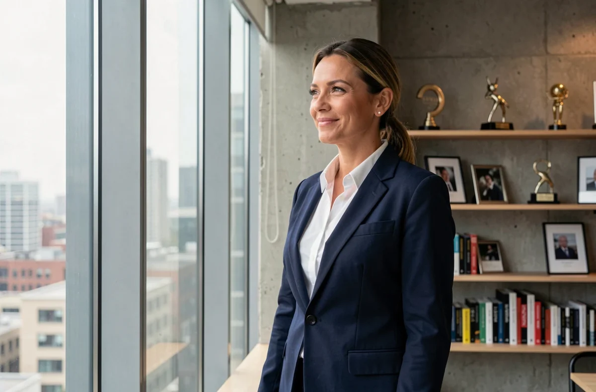 Portrait de Rachel Garrat-Valcarcel en veste marine devant une fenêtre de bureau moderne, incarnant la réussite professionnelle et la détermination