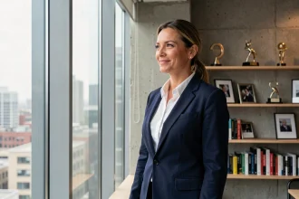 Portrait de Rachel Garrat-Valcarcel en veste marine devant une fenêtre de bureau moderne, incarnant la réussite professionnelle et la détermination