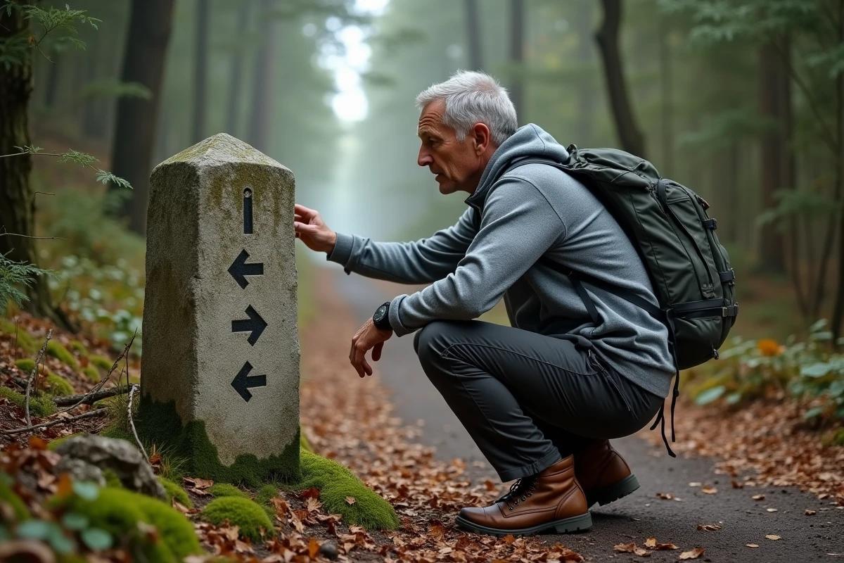 Randonneur observant une borne de sentier en pierre dans la forêt du Parc naturel du Perche dans l'Orne